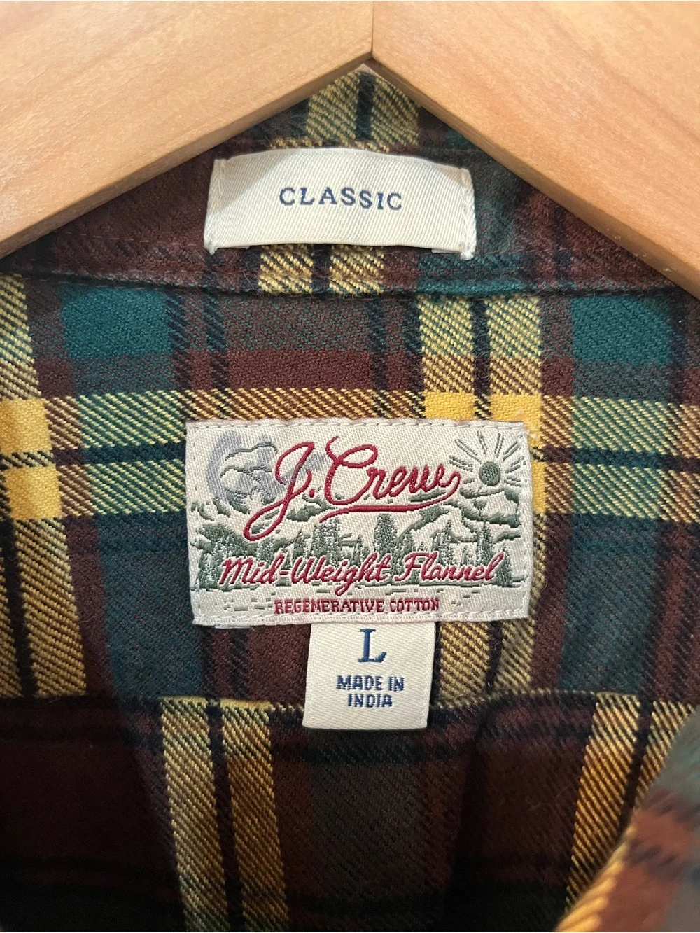 J.Crew Mid Weight Flannel Regenerative Cotton Brown Plaid Shirt Mens Size Large‎